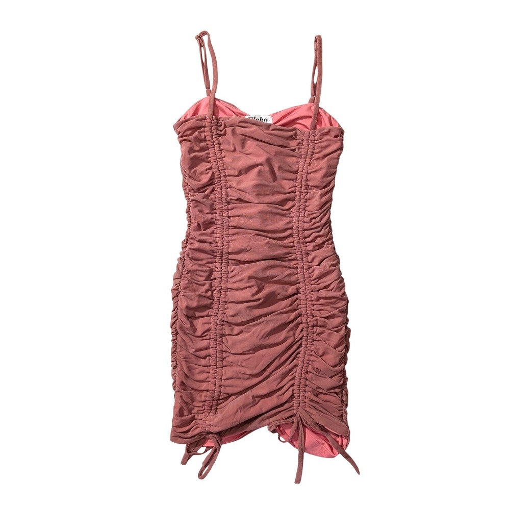 Elsha Yileisha Ruched Bodycon Mini Dress Rose Pink Mesh Front Drawstring Size 8‎